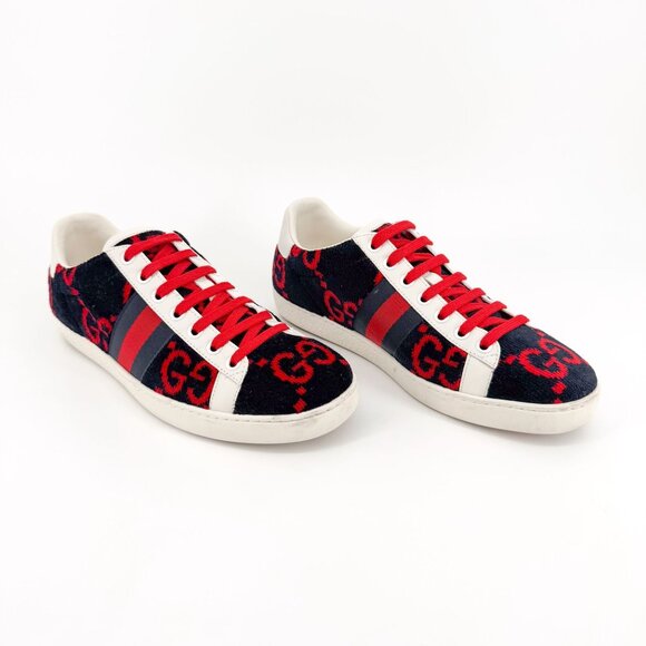 Gucci Ace Sneakers EU 38 US 8 Navy Blue & Red GG Monogram Corduroy Low Top Shoe - Picture 1 of 12